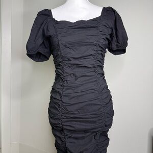 Fashion Nova Black Ruched Puff Sleeve Mini Dress
